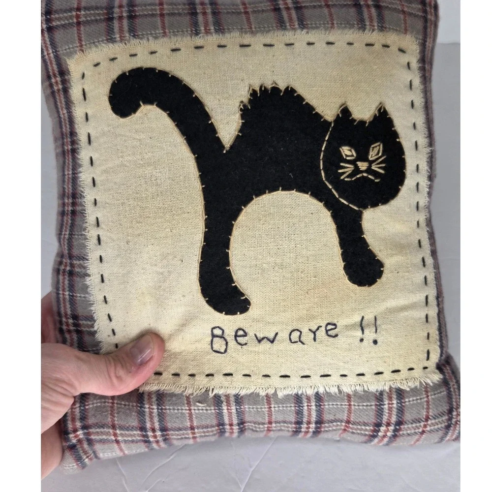 Primitive Halloween Black Cat Beware Plaid Decorative Pillow Folk Art Decor
